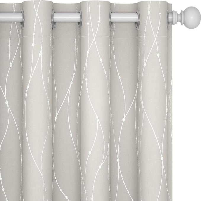 Deconovo Beige Blackout Curtains, Room Darkening Curtain, Thermal Insulated Soundproof Drapes, Silver Wave Dots Print, 52 x 45 Inch, Machine Washable Window Panels for Living Room Bedroom, Set of 2