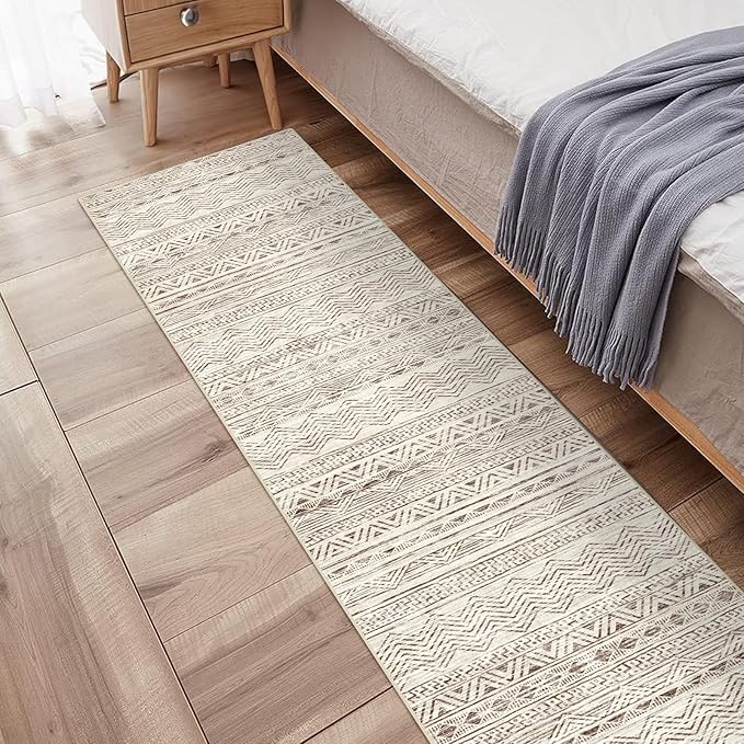 Moroccan Washable Hallway Runner Rug - 2'6"x12' Non Slip Floor Mat for Kitchen Low Pile Living Room Carpet with Rubber Backing Bedroom Rugs for Entryway 2'6"x12' Beige