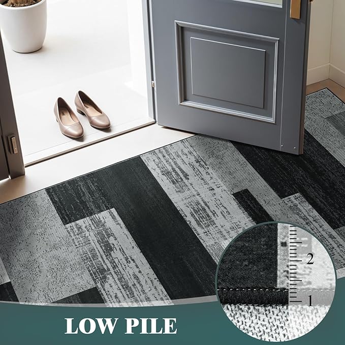 LIANLAM 8x10 Washable Area Rugs for Living Room and Bedroom, Vintage Checkered Pattern Non-Slip Carpet, Stain Resistant Low Pile Soft Rug for Dining Room,Office,Nursery,Kids Room(8x10,Gray)