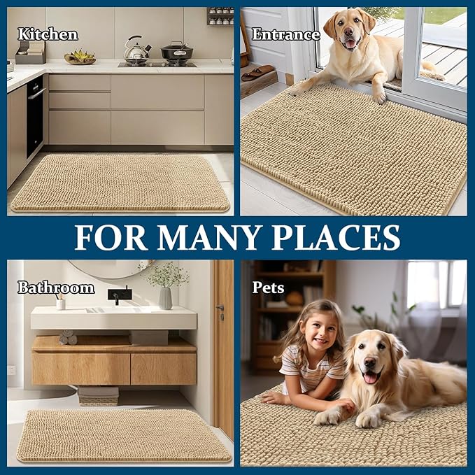 OLANLY Dog Door Mat for Muddy Paws 70x35, Absorbs Moisture and Dirt, Absorbent Non-Slip Washable Doormat, Quick Dry Chenille Mud Mat for Dogs, Entry Indoor Entryway Carpet for Inside Floor, Beige