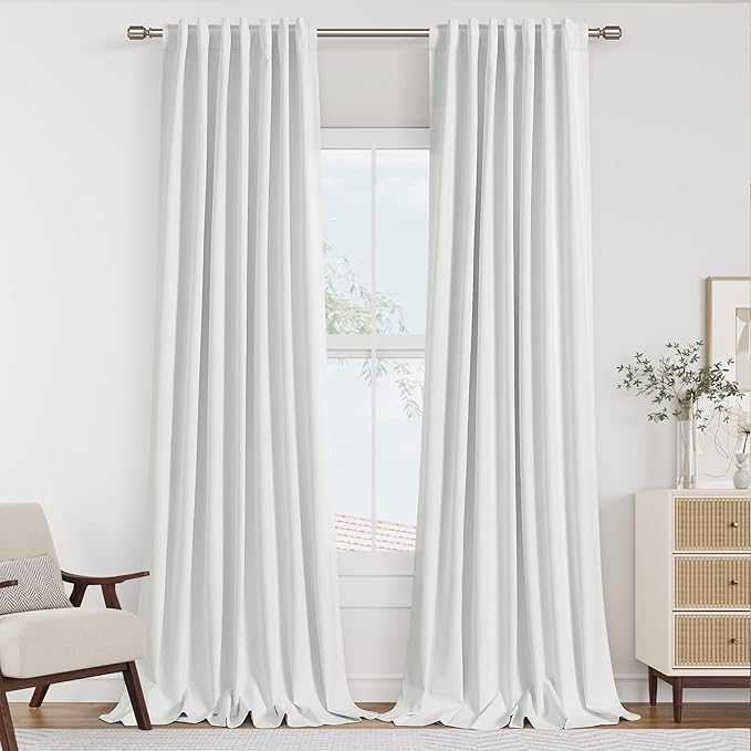 Guken White 100% Blackout Linen Curtains 90 Inch Length 2 Panels Set for Living Room Bedroom Back Tab Thermal Insulated Black Out Drapes Room Darkening Farmhouse Window Curtains 90 Inches Long