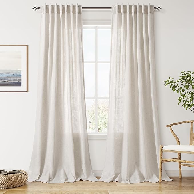 Nanspring 108 Inch Long Curtains for Living Room Pearl White Linen Coastal Decor Light Filtering Semi Sheer Curtain Back Tab Modern Floor to Ceiling High Window for Bedroom 52x108,2 Panels