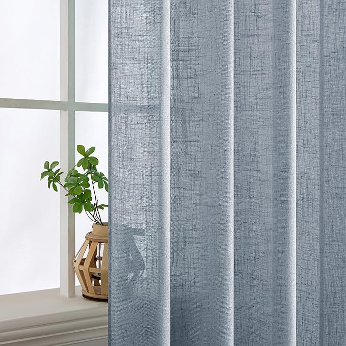 MIULEE Chambray Blue Linen Curtains 96 Inches Long 2 Panels for Bedroom Living Room, Soft Linen Textured Window Drapes Semi Sheer Light Filtering Back Tab Rod Pocket Farmhouse Modern Burlap Look Decor