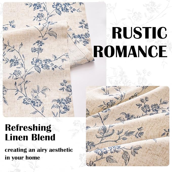 Lazzzy Farmhouse Linen Curtains Blue Floral Curtains 96 Inch Long Back Tab Drapes for Living Room Bedroom Light Filtering Country Vintage Rod Pocket Curtain, 2 Panels, Blue on Beige