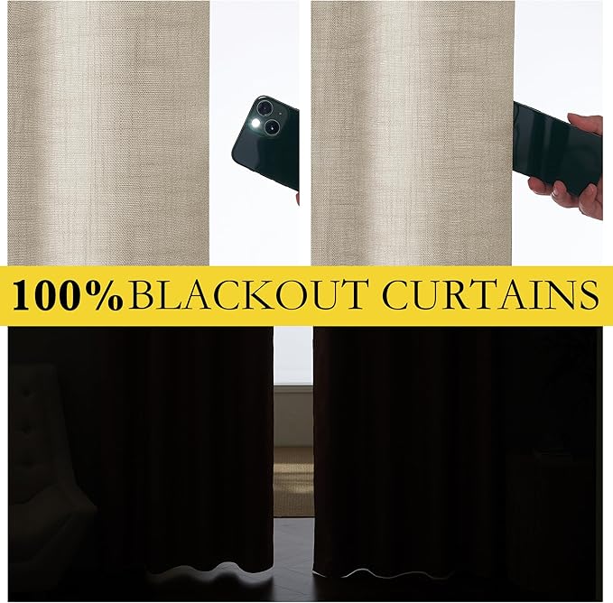 NICETOWN Taupe 100% Blackout Linen Curtains 108 inch Long Burg, Farmhouse Thick Completely Blackout Window Treatment Panels Thermal Insulated Drapes for Living Room (1 Pair, 52" Width Each Panel)