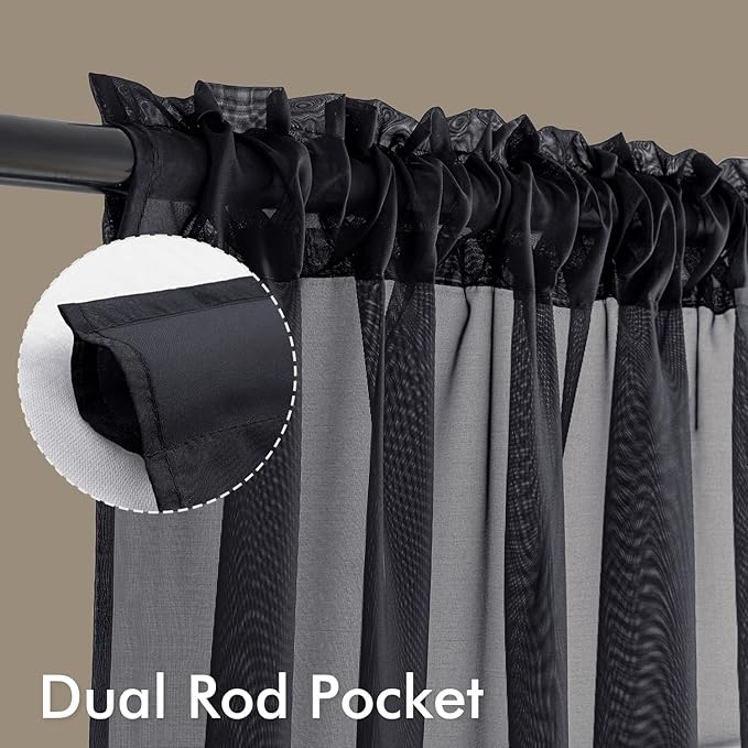 MIULEE Black Sheer Curtains 84 Inches Long, 4 Panels Set, Light Filtering Halloween Rod Pocket Voile Drapes for Living Room and Bedroom, Airy Soft Fabric Window Treatments, 54 x 84 Inches
