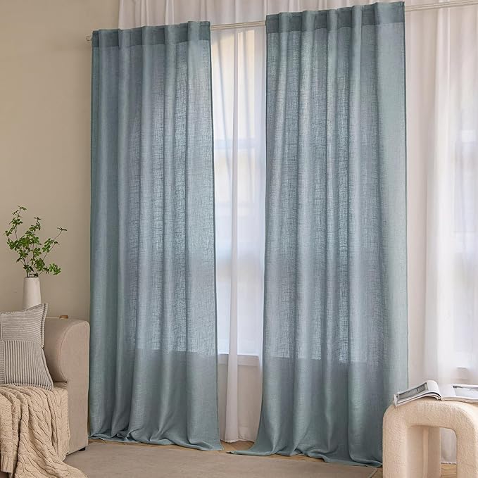 MIULEE Dusty Blue Linen Curtains 90 Inch Long 2 Panels for Bedroom Living Room, Soft Thick Linen Textured Window Drapes Semi Sheer Light Filtering Rod Pocket Back Tab Light Blue Burlap Look Decor