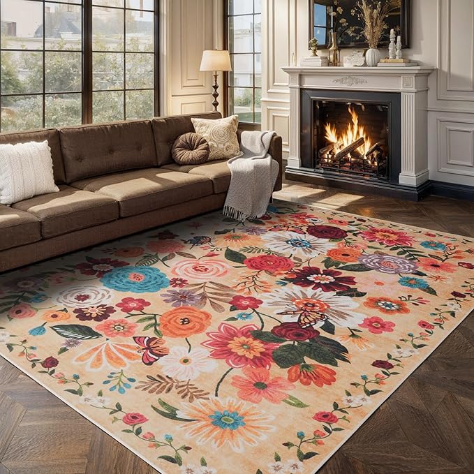 Area Rugs 9x12 Living Room Washable Rug Non Slip Floral Low Pile Large Rug for Living Room, Bedroom, Farmhouse, Dining Room, Kids Playroom(Yellow Garden, 9 x 12)
