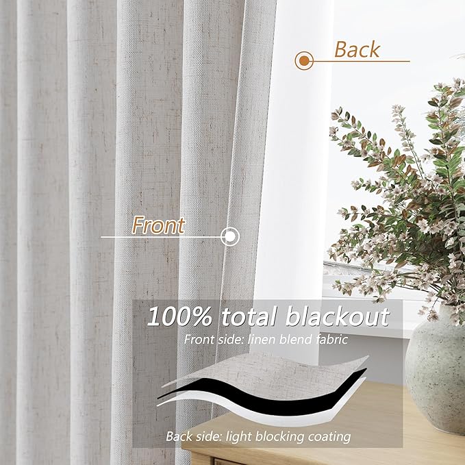 Guken Natural 100% Blackout Curtains 102 Inch Length 2 Panels Set for Living Room Bedroom Back Tab Winter Thermal Insulated Black Out High End Drapes Room Darkening Window Curtain 102 Inches Long