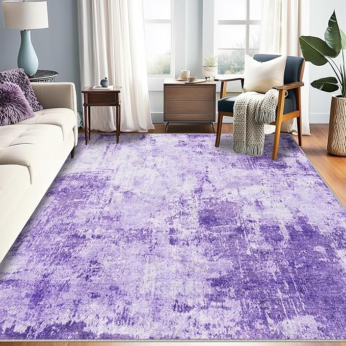 Washable Area Rugs 8'x10' Non-Slip Modern Abstract Soft for Living Room Entryway Bedroom Nursery, Print Pattern, Purple Gray Pink White