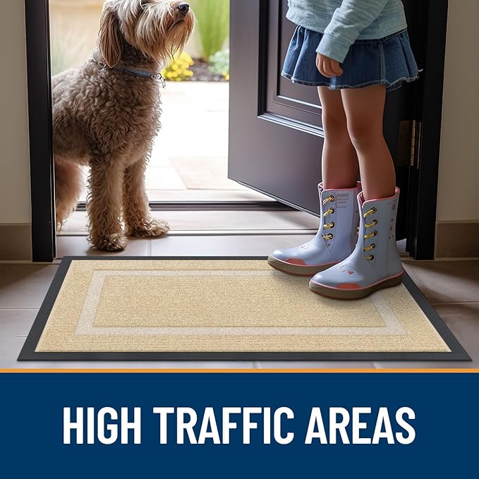 OLANLY Front Door Mat Indoor Outdoor Entrance, Waterproof All-Season, All-Weather Doormat, Sturdy Natural Rubber, Fade Resistant, Low Profile, Easy Clean Patio Porch Entryway Mat, 59x35, Beige