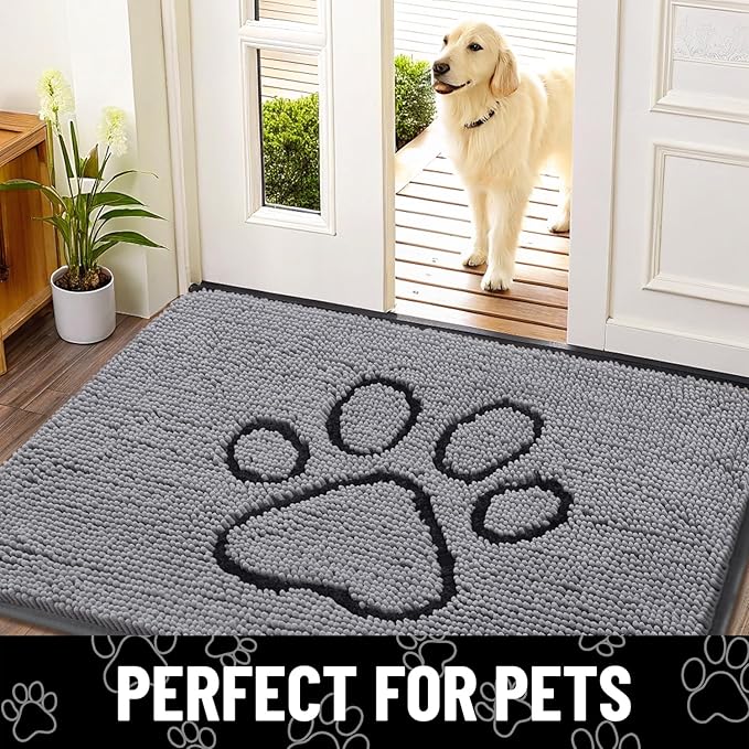 Smiry Dog Door Mat for Muddy Paws, Absorbent Dirt Trapper Non Slip Quick Dry Washable Chenille Mat for Mud Dogs, Entry Rug for Indoor and Outdoor (48x30 Inches, Grey and Black)