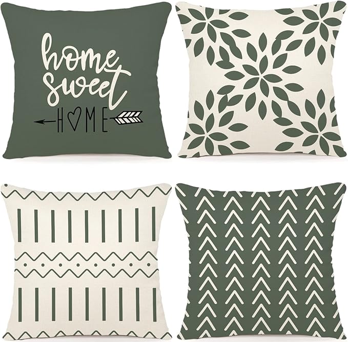 YCOLL Pillow Covers 16x16 Set of 4, Modern Sofa Throw Pillow Cover, Decorative Outdoor Linen Fabric Pillow Case for Couch Bed Car, Aqua Green