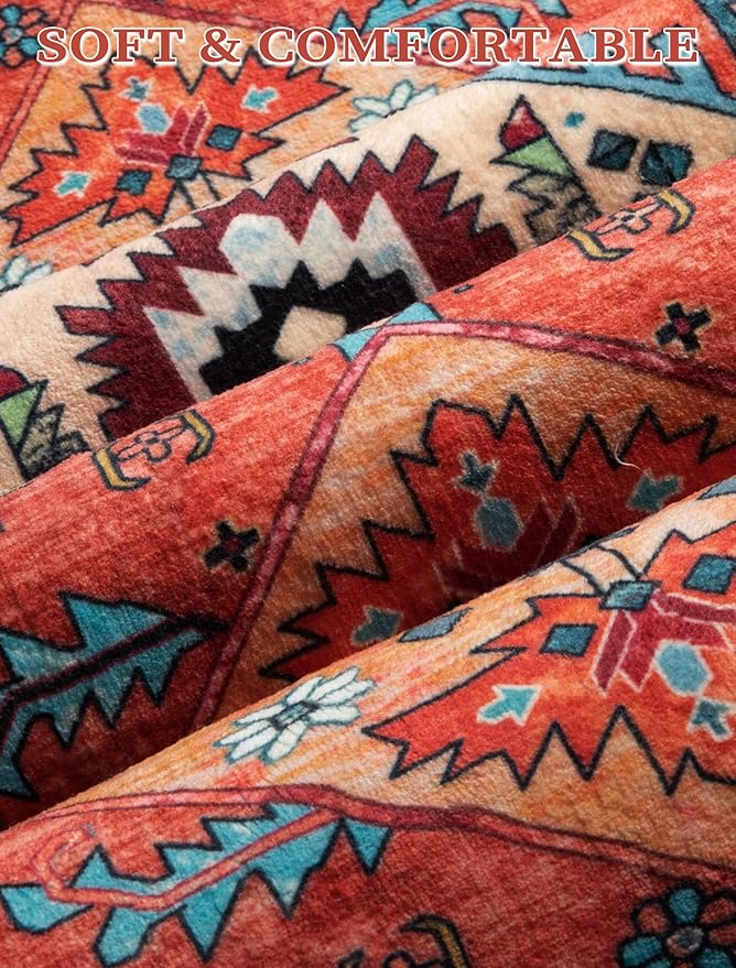 SERISSA Runner Rug for Hallways, 2'6"x14' Washable Non Slip Kitchen Runner Rug, Extra Long Boho Rug Ultra Soft Vintage Orange Print Floor Carpet for Bedroom Hallway Entryway Bathroom Laundry Room