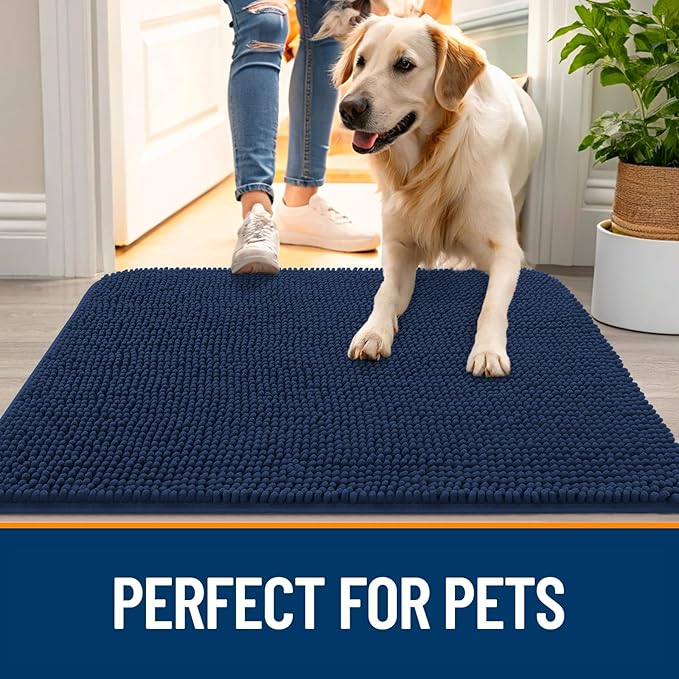 OLANLY Dog Door Mat for Muddy Paws 54x24, Absorbs Moisture and Dirt, Absorbent Non-Slip Washable Doormat, Quick Dry Chenille Mud Mat for Dogs, Entry Indoor Entryway Carpet for Inside Floor, Dark Blue
