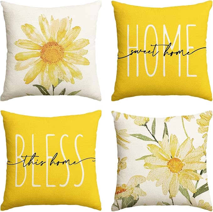 AVOIN colorlife Home Sweet Home Spring Summer Flowers Yellow Throw Pillow Covers, 20 x 20 Inch Cushion Case for Sofa Couch Set of 4