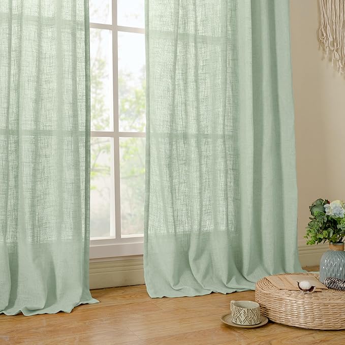 LAMIT Sheer Linen Curtains 63 Inch for Bedroom, Light Filtering Neutral Semi Sheer Farmhouse Boho Curtains Back Tab and Rod Pocket Living Room Panels, Fresh Green, 2 Panels, 52 x 63 Inch