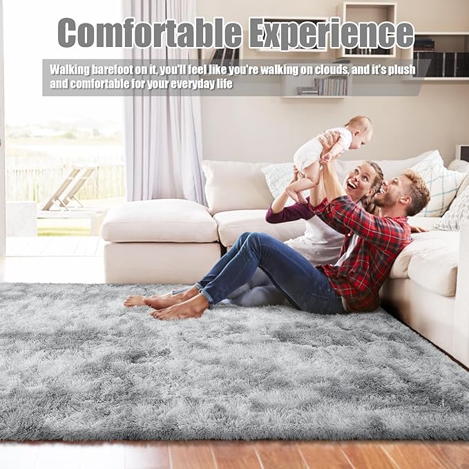 9x12 Fluffy Area Rugs for Living Room,Large Fuzzy Shag Area Rug for Bedroom,Soft Non-Shedding Indoor Plush Carpet for Kids Bedroom Nursery Home Decor,Tie-Dyed Grey