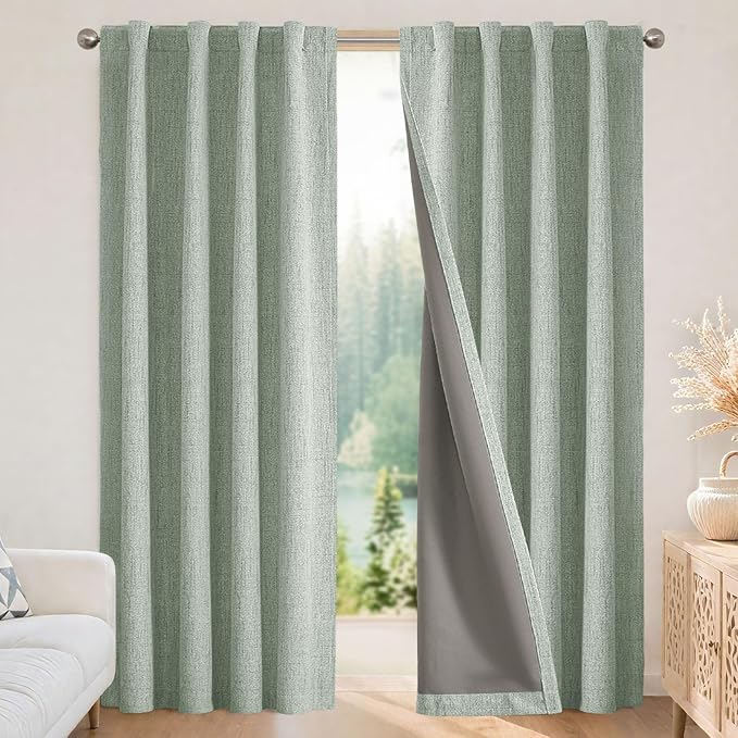 Joydeco Linen Blackout Curtains for Bedroom - 100% Light Blocking 1 Panels, Sage Green Drapes 100" W x 90" L, Thermal Insulated Room Darkening Curtains for Living Room, Rod Pocket & Back Tabs