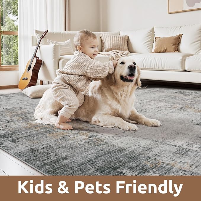 6 x 9 Area Rugs for Living Room, Machine Washable Non Slip Rug Ultra Soft Low Pile Indoor Carpet Modern Abstract Rugs for Bedroom Office Room Dining Room Beside, Grey
