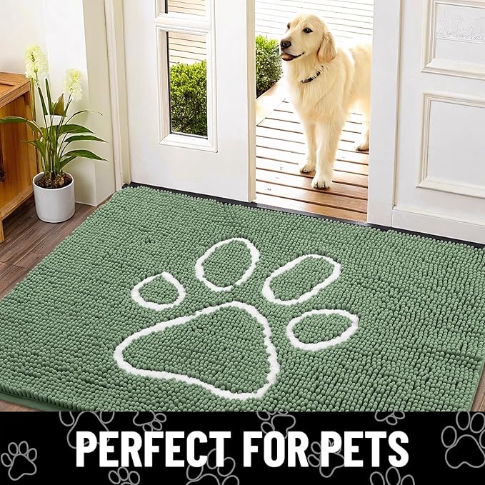 Smiry Dog Door Mat for Muddy Paws, Absorbent Dirt Trapper Non Slip Quick Dry Washable Chenille Mat for Mud Dogs, Entry Rug for Indoor and Outdoor (30x20 Inches, Olive Green and White)