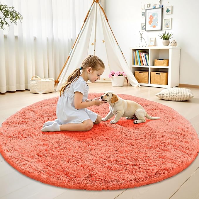 OLANLY Coral Red Round Rugs for Bedroom - Machine Washable, 7 ft Circle Area Rugs for Living Room, Soft and Fluffy Shaggy Carpet for Teen Girl and Boys, Nursery Rooms, Dorms, Home Decor Aesthetic