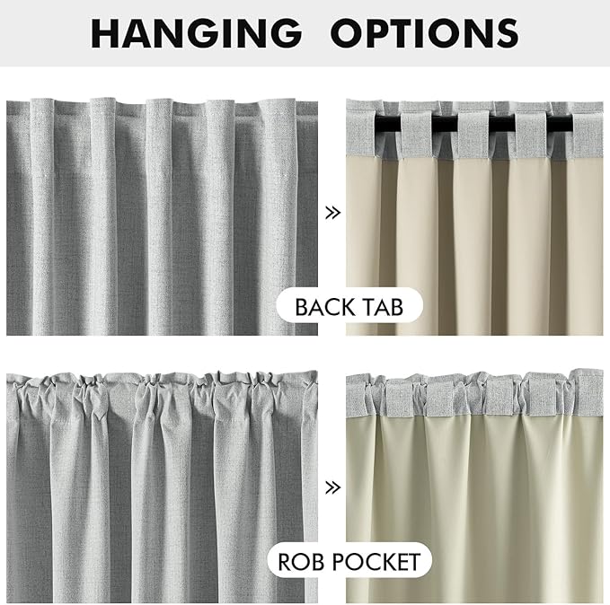 MIULEE 100% Blackout Linen Curtains for Bedroom, Grey Solid Luxury Decor Thermal Insulation Room Darkening Drapes for Living Room Nursery Back Tab Rod Pocket 42 x 72 Inches, 2 Panels