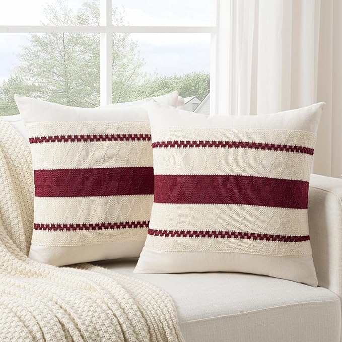 Fancy Homi Set of 1 Burgundy Boho Big Decorative Throw Pillow Covers 24x24 Inch for Couch Bed Sofa, Aesthetic Modern Farmhouse Christmas Room Decor, Soft Cotton Textured Wind Red Cushion Case