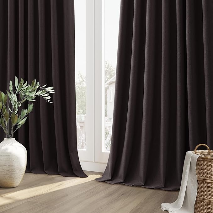 Guken Cocoa Coffee 100% Blackout Linen Curtains 96 Inch Length 2 Panels Set for Living Room Bedroom Back Tab/Rod Pocket Thermal Insulated Farmhouse Black Out Drapes Room Darkening,52x96