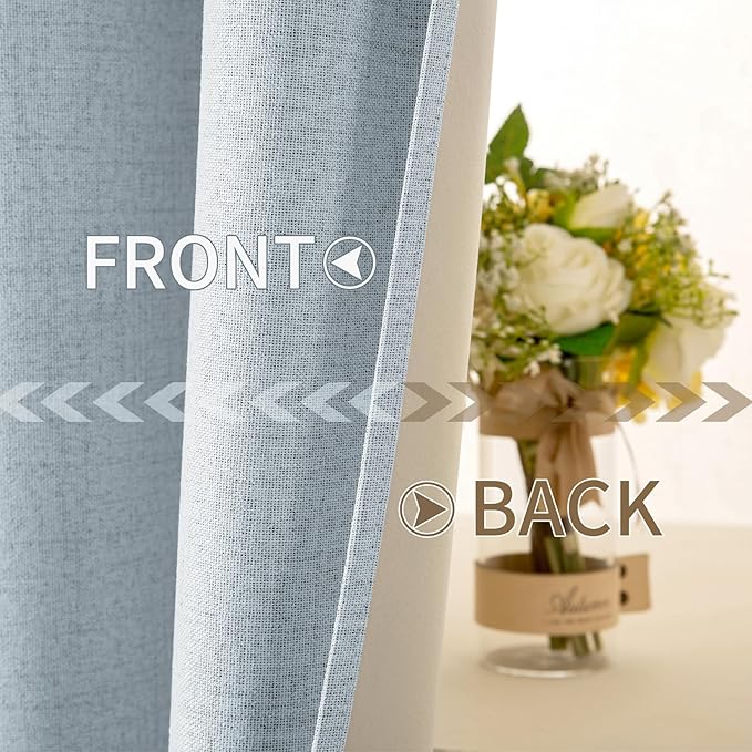 MIULEE 100% Blackout Linen Textured Curtains for Bedroom Solid Thermal Insulated Chambray Blue Grommet Room Darkening Curtains & Drapes Luxury Decor for Living Room Nursery 52 x 108 Inch (2 Panels)