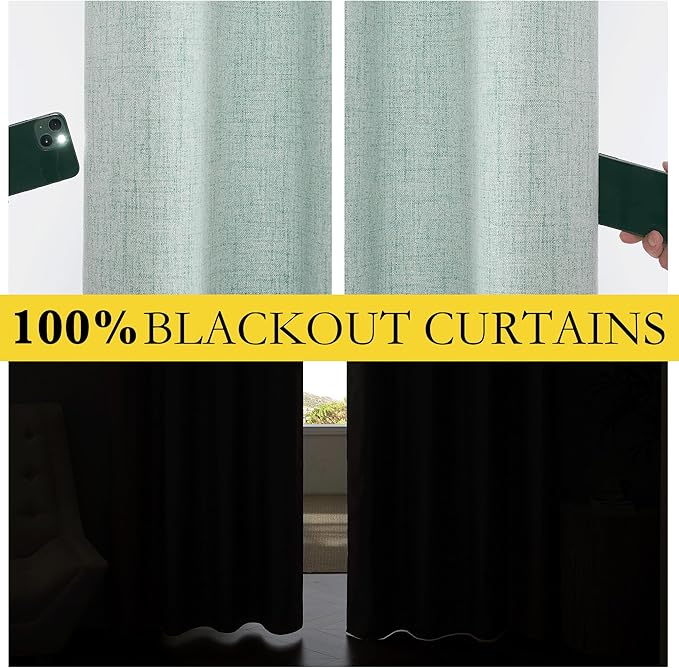 NICETOWN 100% Absolutely Blackout Linen Curtains with Thermal Insulated Liner, Seafoam Green, 42" Wide, 90" Length Energy Saving Curtains for Living Room 2 Panels Set, Vertical Blinds