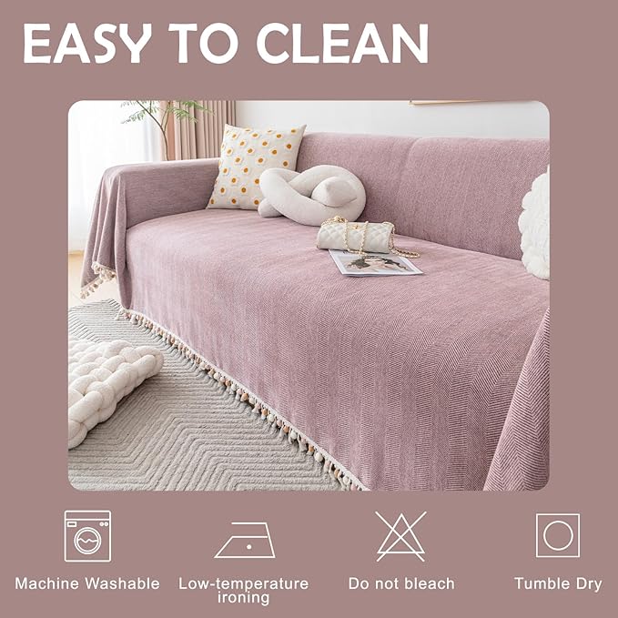 HANDONTIME Soild Couch Covers for Dogs Pink-Purple Sofa Covers Boho Cover for Sofa 3 Seats Chenille Sofa Throw Cover Mauve Sofa Covers for 3 Cushion Couch Tassel, Washable, Pet Friendly, 71" X118"