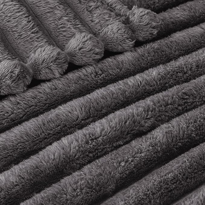 Exclusivo Mezcla King Size Flannel Fleece Blanket, Super Soft Striped Jacquard Bed Blanket, Lightweight Fuzzy Cozy for All Seasons, 90x104 Inches, Dark Grey