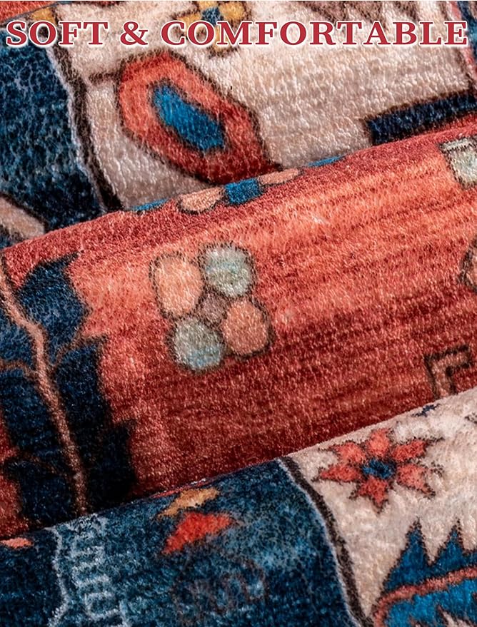 SERISSA Runner Rug for Hallways, 2'6"x18' Washable Non Slip Kitchen Runner Rug, Extra Long Boho Rug Ultra Soft Vintage Rust Print Floor Carpet for Hallway Living Room Dining Room Bedroom