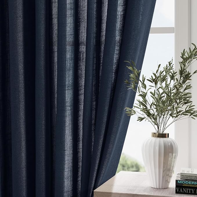 Nanspring Navy Blue Semi Sheer Curtains 72 Inches Long 2 Panels Set for Bedroom Back Tab Rod Pocket Light Filtering Drapes Cotton Linen Textured Indigo Blue Farmhouse Living Room Curtain 52X72