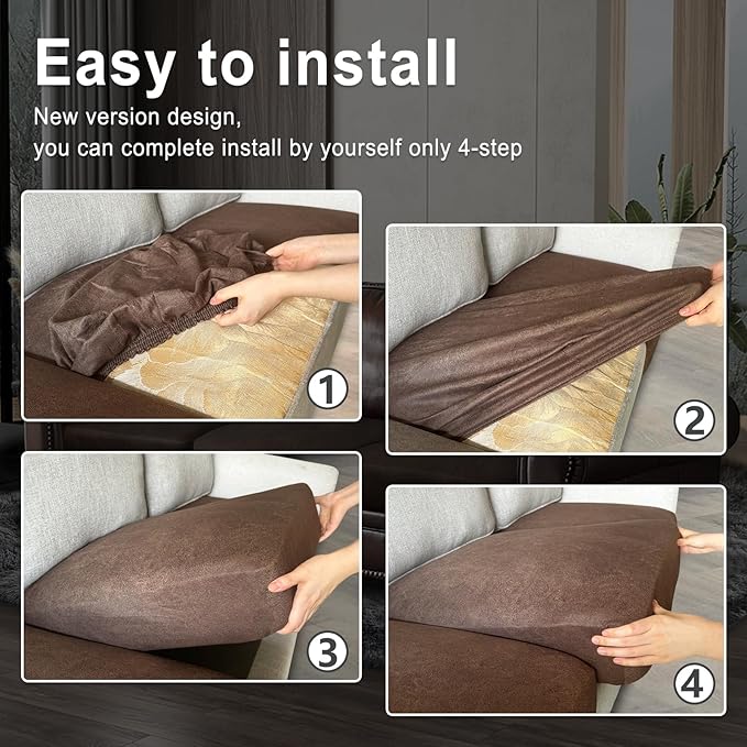 Leather Look Couch Cushion Covers Sofa Seat Slipcovers Sets Couches Furniture Protector for Sectional Armchair Loveseat Pets Kids Stretch Spandex Fabric (2 Cushion Sofa, Brown)