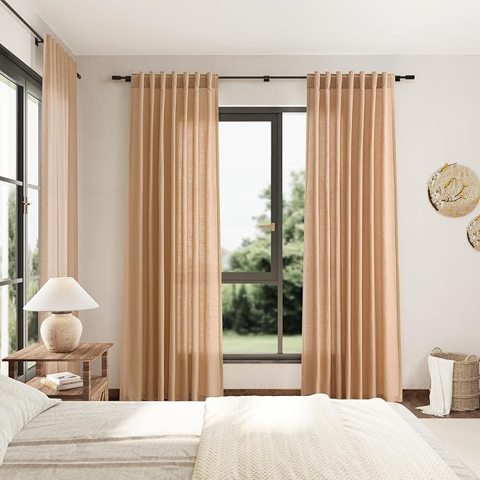 Nanspring Camel Linen Curtains 63 Inches Length 2 Panels Set for Living Room Back Tab Pocket Light Filtering Semi Sheer Drapes Modern Farmhouse Cotton Linen Textured Window Curtain 52X63 Inches