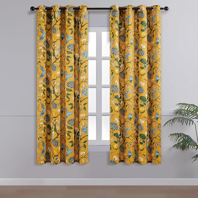 Topfinel 60 Inches Long Custom Mustard Yellow Luxury Curtains for Living Room Bedroom, Blackout Vintage Victorian Curtains Floral Lemon Hummingbird Printed Grommet Drape 60 Inch Length