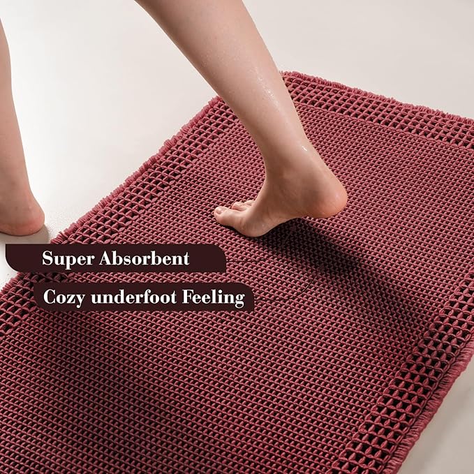 RESARE Waffle Bath Mat for Bathroom, Super Absorbent Bathroom Rugs Non Slip Machine Washable, Ultra Soft Quick Dry Boho Bath Rugs with Tassels for Floor, Upgraded Bordered Design, 24"x36" Dark Red