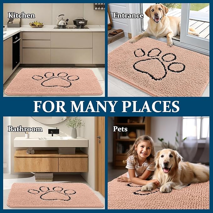 OLANLY Dog Door Mat for Muddy Paws 36x24, Paw Print Design, Absorbs Moisture and Dirt, Absorbent Non-Slip Washable Doormat, Quick Dry Chenille Mud Mat for Dogs, Entry Indoor Entryway Carpet, Peach