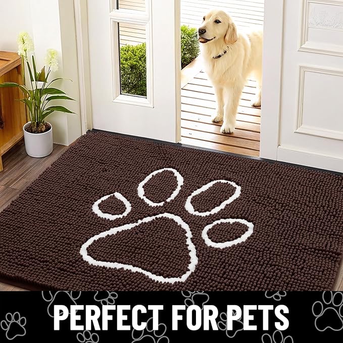 Smiry Dog Door Mat for Muddy Paws, Absorbent Dirt Trapper Non Slip Quick Dry Washable Chenille Mat for Mud Dogs, Entry Rug for Indoor and Outdoor (48x30 Inches, Brown and White)