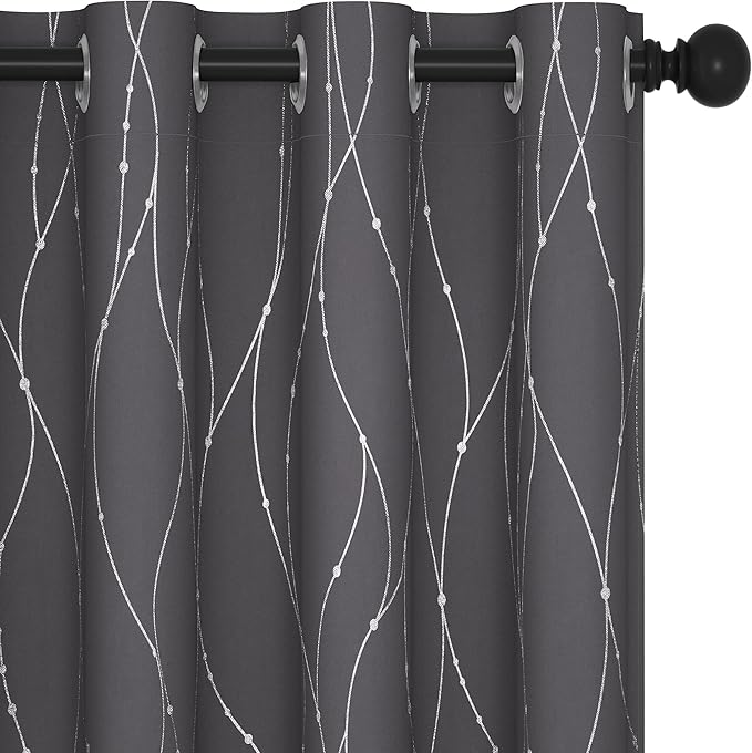 Deconovo Grey Blackout Curtains for Bedroom, Thermal Insulated Soundproof Drapes, Wave Dots Foil Print, 52 x 84 Inches Long, 2 Panels, Machine‑Washable Privacy Window Panel for Living Room Patio Door