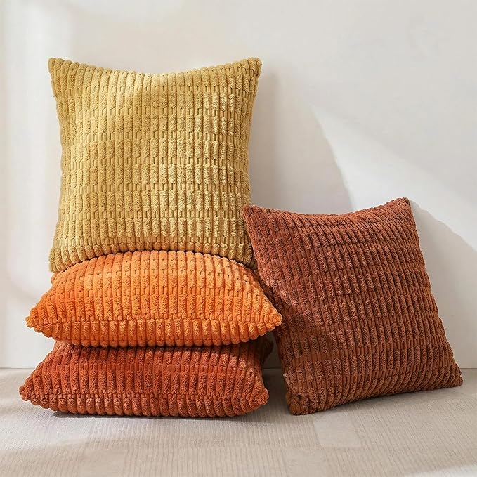 Fancy Homi Set of 4 Fall Decorative Throw Pillow Covers 12x12 Inch for Couch Bed Chair, Burnt Orange Series Farmhouse Boho Room Decor, Soft Fuzzy Corduroy Textured Striped Cushion Case 30cm