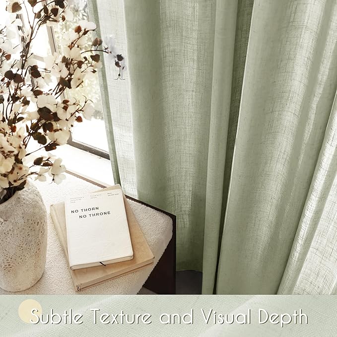 Linen Blend Sage Green Curtains 108 inch Length 2 Panels for Bedroom Back Tab Light Filtering Semi Sheer Drapes Linen Cotton Textured Light Green Airy Modern Farmhouse Living Room Sage Aesthetic Decor
