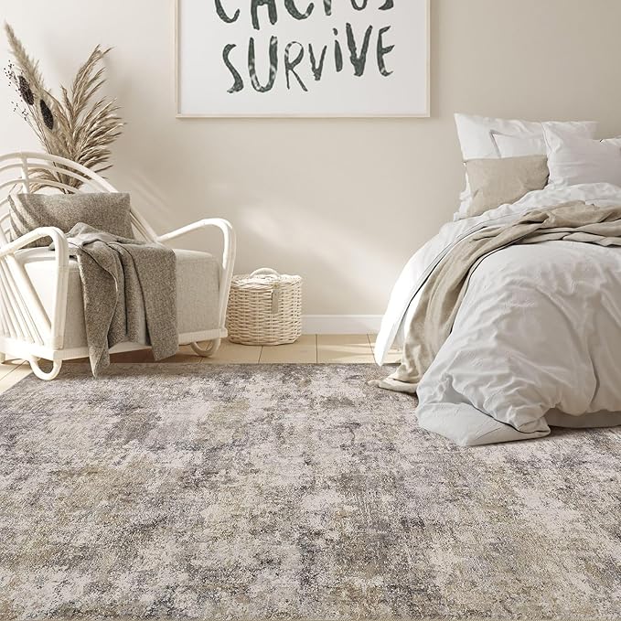 Nakagishi 5x7 Area Rugs Living Room: Washable Abstract Large Neutral Soft Rug Stain Resistant Modern Indoor Floor Non-Slip Carpet for Bedroom Nursery Kids Playroom Office Dining Room Dorm- Brown Grey