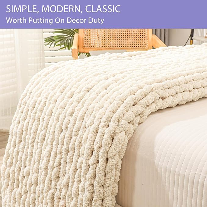 Bigacogo Chunky Knit Throw Blanket for Couch, 80x90 inches, 100% Hand Knitted with Thick Jumbo Chenille Yarn, Cozy Soft Large Rope Knot Cable Crochet Blankets for Sofa Bed Living Room, Beige