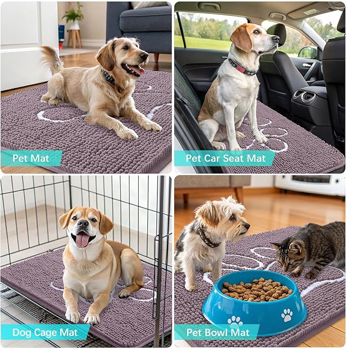 OLANLY Dog Door Mat for Muddy Paws 30x20, Paw Print Design, Absorbs Moisture and Dirt, Absorbent Non-Slip Washable Doormat, Quick Dry Chenille Mud Mat, Entry Indoor Entryway Carpet, Deep Plum