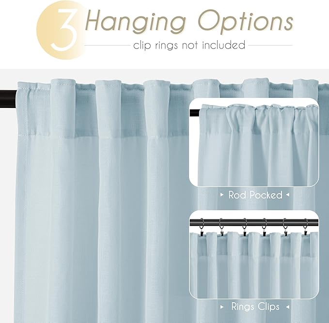 Sky Blue Curtains 90 inch Length for Bedroom Back Tab Light Filtering Semi Sheer Blue Living Room Curtains Linen Cotton Textured Drapery Panel Aesthetic Decor Light Blue 52x90