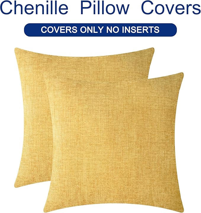 CaliTime Throw Pillow Covers Decorative 20 X 20 Inches Pack of 2 Cozy Chenille Cushion Cases for Couch Sofa Bed Living Room Home Gold