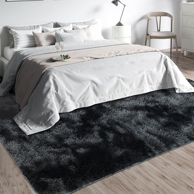 Shag Area Rugs for Bedroom Living Room,5X8 Ultra Soft Fluffy Area Rugs for Dorm, Indoor Carpet Nursery Rugs for Kids Room Home Decor, Black Grey